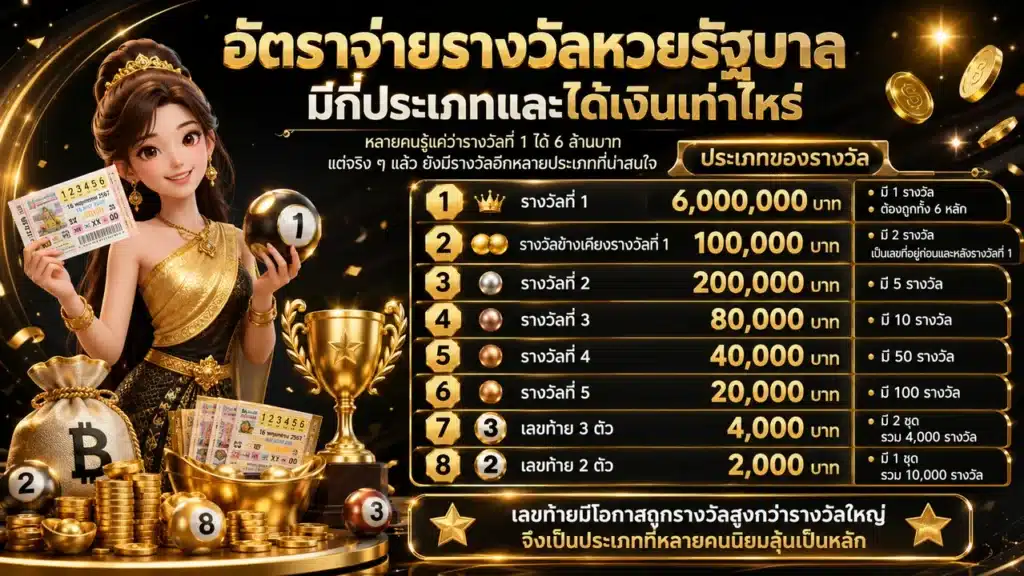 อัตราจ่ายรางวัลหวยรัฐบาล แต่ละประเภท ได้เงินเท่าไหร่ ครบทุกรางวัล